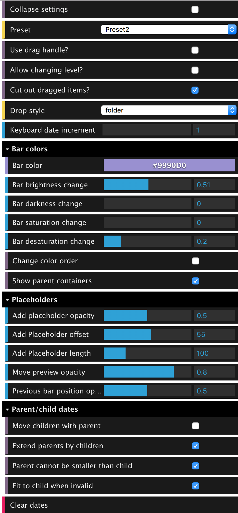 List of parameters users could adjust in the prototype